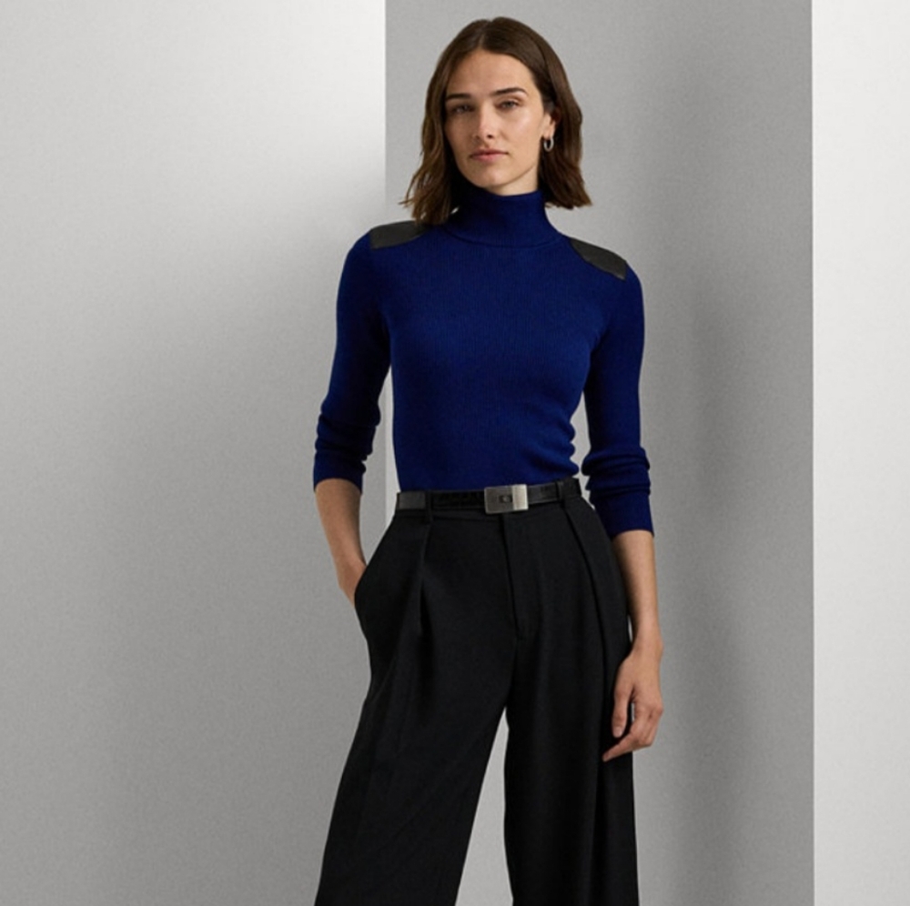 RALPH LAUREN WOMEN'S NAVY FAUX LEATHER RIBBED TURTLENECK SWEATER SIZE LARGE - Picture 2 of 4